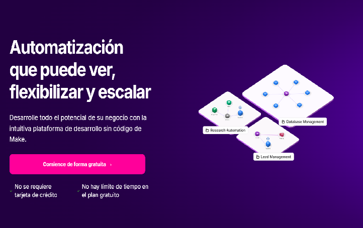 Portada Presentación Make Make.com conecta tus apps favoritas y automatiza procesos sin escribir código. Crea flujos visuales inteligentes con IA, optimiza tiempo y elimina tareas repetitivas. Ideal para empresas que buscan escalar con eficiencia y control total.